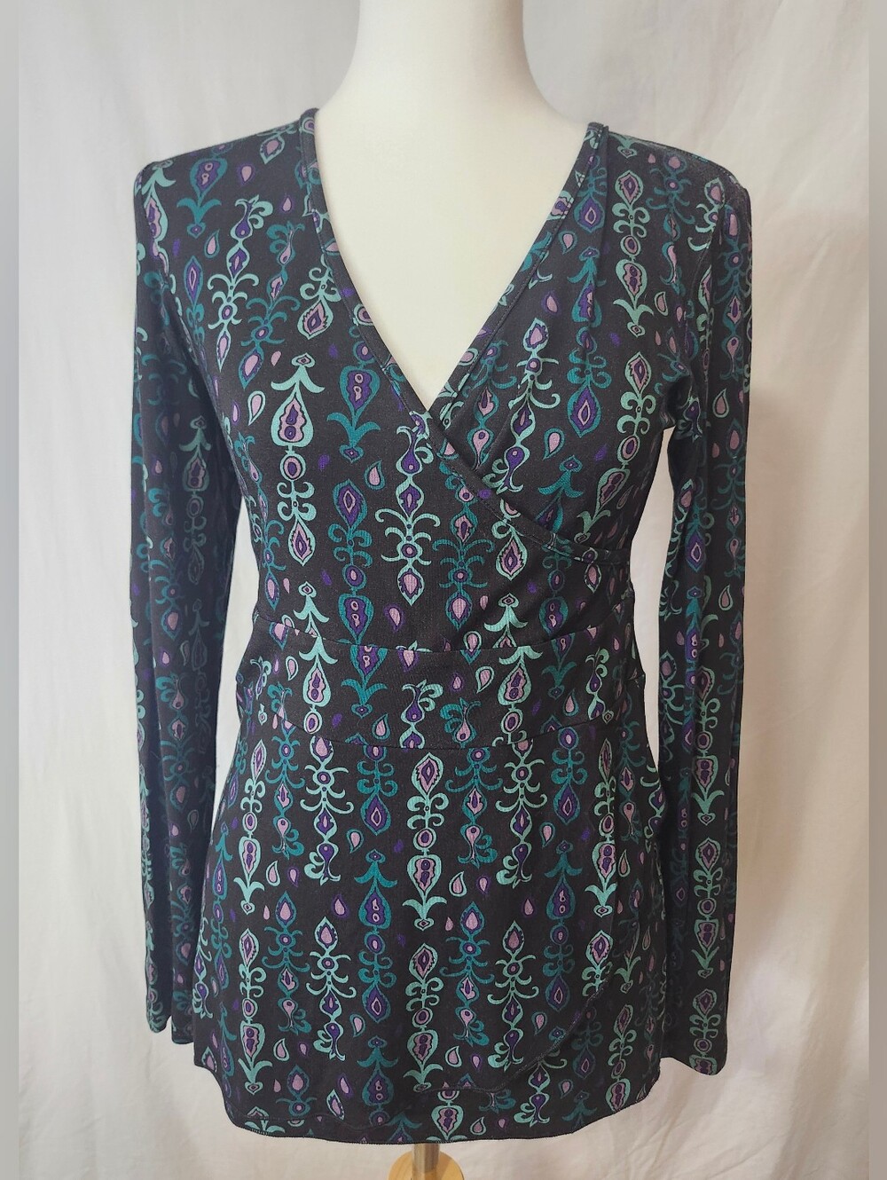 Blue Sky Bamboo Blend Long Sleeve V-Neck Wrap Top in Black with Teal & Purple